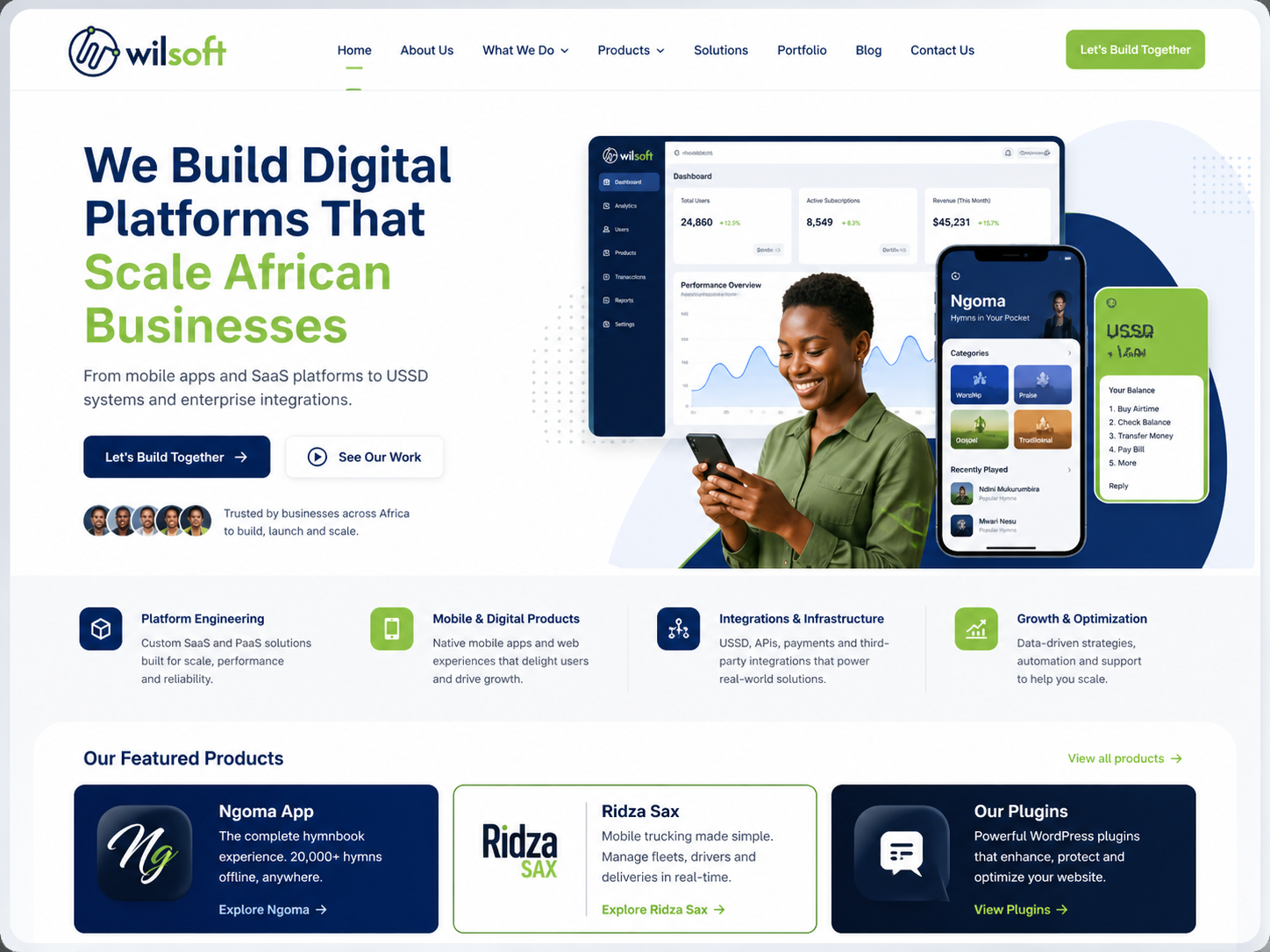 Wilsoft platform dashboard and mobile product preview